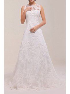 Lace Jewel Sweep Train A-line Wedding Dress