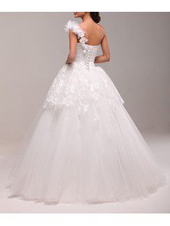 Lace One Shoulder Floor Length Ball Gown Wedding Dress with Handmade Flowers
