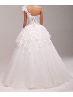 Lace One Shoulder Floor Length Ball Gown Wedding Dress with Handmade Flowers