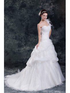 Organza One-Shoulder Sweep Train A-line Feather Wedding Dress