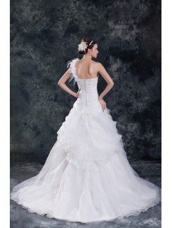 Organza One-Shoulder Sweep Train A-line Feather Wedding Dress