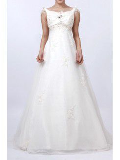 Satin Straps Sweep Train A-line Wedding Dress with Pearls