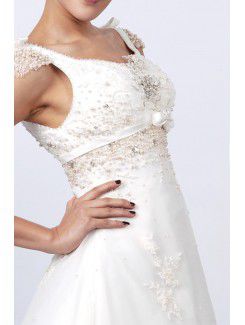 Satin Straps Sweep Train A-line Wedding Dress with Pearls