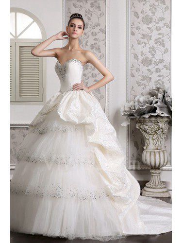 Satin Sweetheart Cathedral Train Ball Gown Wedding Dress with Beading
