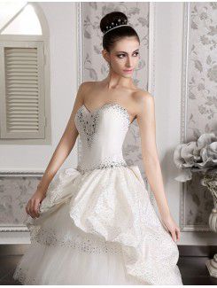 Satin Sweetheart Cathedral Train Ball Gown Wedding Dress with Beading