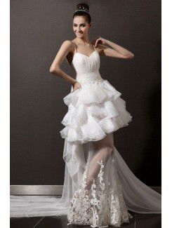 Organza Spaghetti Cathedral Train Ball Gown Wedding Dress with Beading
