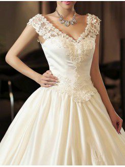 Satin V-neck Cathedral Train Ball Gown Wedding Dress with Pearls
