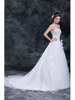 Organza Straps Sweep Train A-line Embroidered Wedding Dress