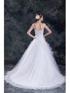 Organza Straps Sweep Train A-line Embroidered Wedding Dress