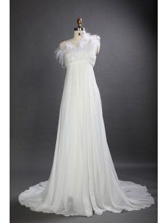 Chiffon One Shoulder Chapel Train Empire Wedding Dress with Feather