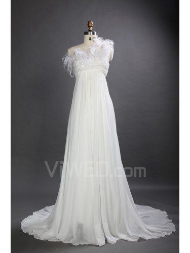 Chiffon One Shoulder Chapel Train Empire Wedding Dress with Feather