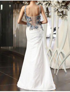 Taffeta Straps Floor Length Sheath Wedding Dress with Handmade Flowers