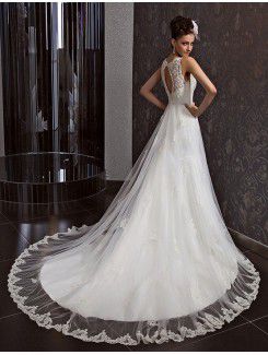 Lace V-neck Chapel Train A-line Wedding Dress with Beading