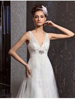 Lace V-neck Chapel Train A-line Wedding Dress with Beading