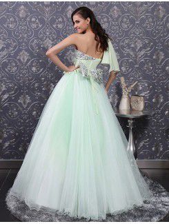 Chiffon One Shoulder Floor Length Ball Gown Wedding Dress with Handmade Flowers