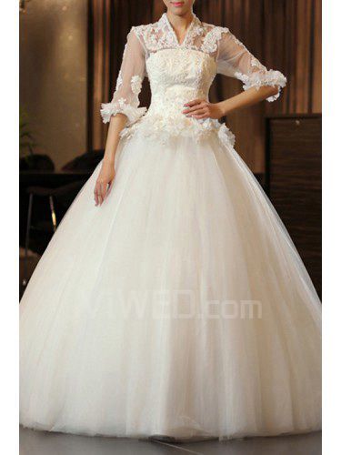 Satin and Tulle V-neck Floor Length Ball Gown Wedding Dress with Handmade Flowers