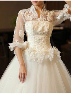 Satin and Tulle V-neck Floor Length Ball Gown Wedding Dress with Handmade Flowers