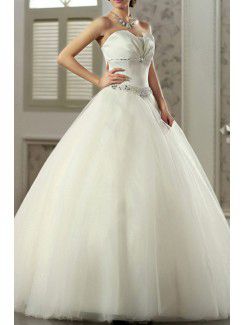 Satin and Tulle Scoop Floor Length Ball Gown Wedding Dress with Pearls