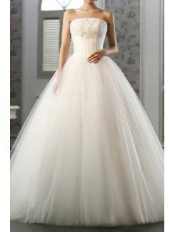 Satin and Tulle Strapless Floor Length Ball Gown Wedding Dress with Beading