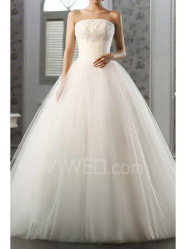Satin and Tulle Strapless Floor Length Ball Gown Wedding Dress with Beading