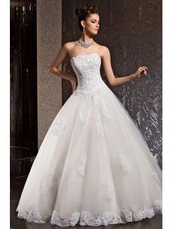 Lace and Net Strapless Floor Length Ball Gown Wedding Dress with Beading