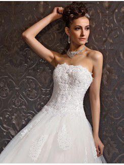 Lace and Net Strapless Floor Length Ball Gown Wedding Dress with Beading