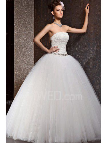 Satin and Tulle Strapless Floor Length Ball Gown Wedding Dress