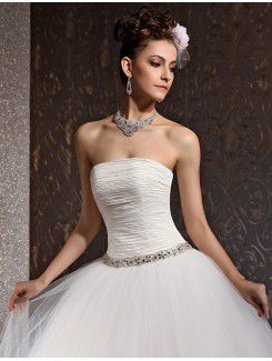 Satin and Tulle Strapless Floor Length Ball Gown Wedding Dress