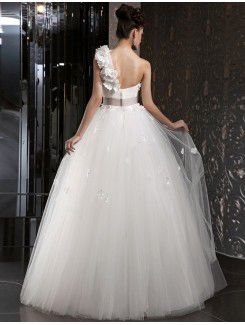 Satin and Tulle One Shoulder Floor Length Ball Gown Wedding Dress