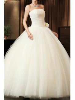 Net Strapless Floor Length Ball Gown Wedding Dress with Handmade Flowers