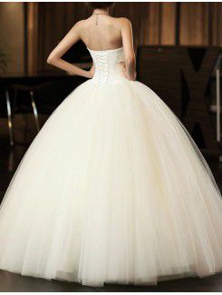 Net Strapless Floor Length Ball Gown Wedding Dress with Handmade Flowers