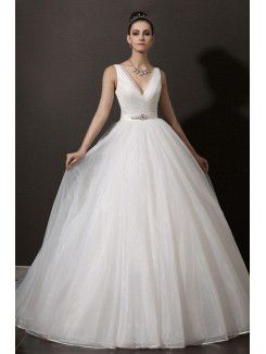 Organza V-neck Chapel Train Ball Gown Wedding Dress with Crystal