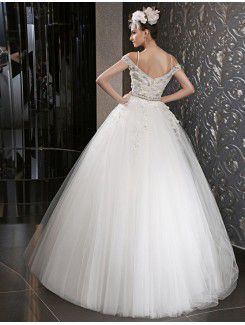Satin and Tulle Off-the-Shoulder Floor Length Ball Gown Wedding Dress with Crystal