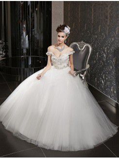 Satin and Tulle Off-the-Shoulder Floor Length Ball Gown Wedding Dress with Crystal