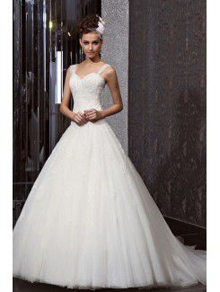 Lace Straps Chapel Train Ball Gown Wedding Dress with Beading