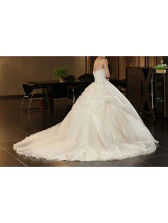 Satin Strapless Chapel Train Ball Gown Wedding Dress with Embroidered