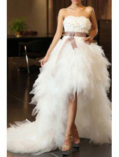 Satin Strapless Sweep Train Ball Gown Wedding Dress with Handmade Flowers