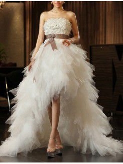 Satin Strapless Sweep Train Ball Gown Wedding Dress with Handmade Flowers