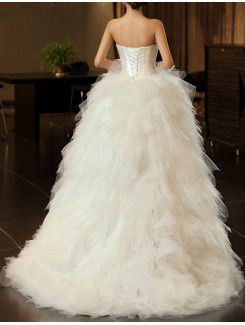 Satin Strapless Sweep Train Ball Gown Wedding Dress with Beading