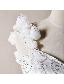 Organza Straps Chapel Train Ball Gown Wedding Dress with Handmade Flowers