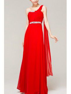 Chiffon One Shoulder Floor Length Empire Evening Dress with Crystal