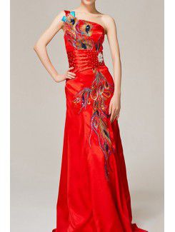 刺繍 サテン ワンショルダー スイープ トレイン Aライン イブニングドレス
