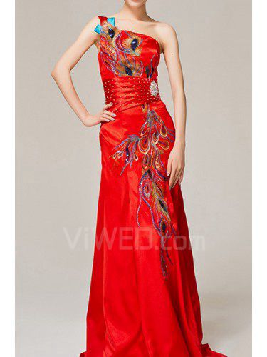 Satin One Shoulder Sweep Train A-line Evening Dress with Embroidered