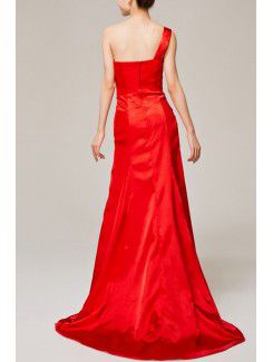 Satin One Shoulder Sweep Train A-line Evening Dress with Embroidered