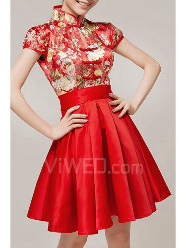 Satin High Collar Short A-line Evening Dress with Embroidered