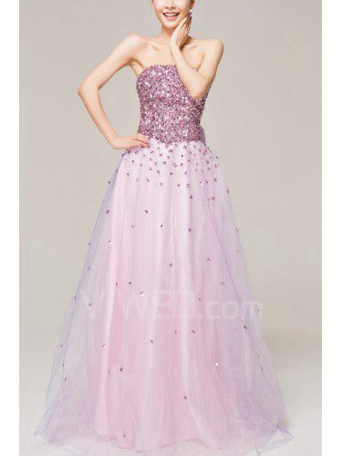 Satin Strapless Floor Length A-line Evening Dress with Sequins