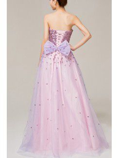 Satin Strapless Floor Length A-line Evening Dress with Sequins