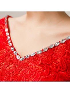 Lace V-neck Short Sheath Evening Dress with Crystal