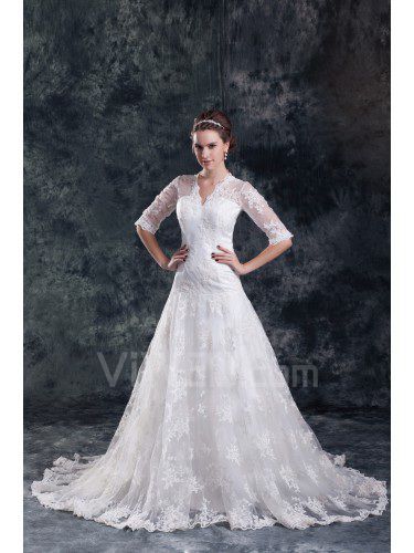Lace V-Neck Sweep Train A-line Half-Sleeves Wedding Dress