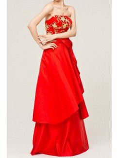 Satin Strapless Floor Length A-line Evening Dress with Embroidered